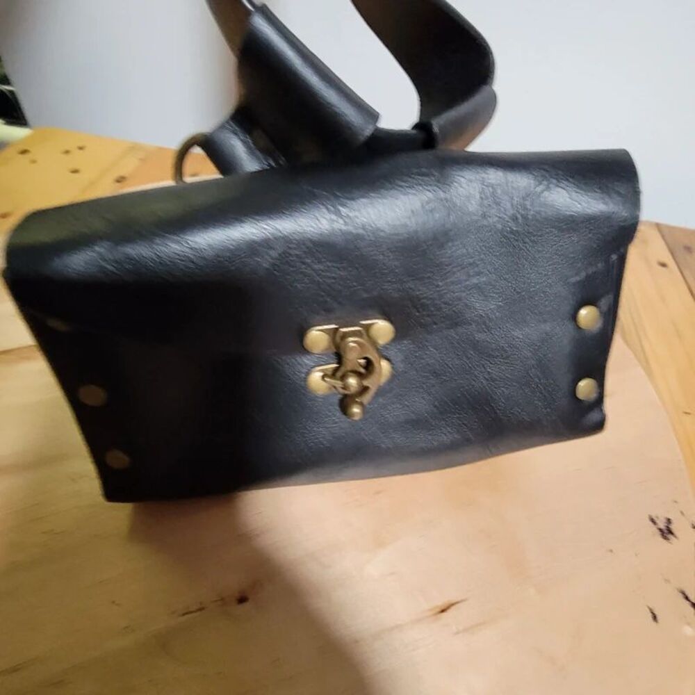 Black Faux Leather Crossbody Shoulder Bag Brass Studs Clasp Wide Strap